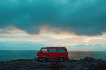 Cinematic photograph of an electric red van parked on the rocky shore overlooking the ocean