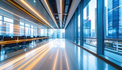 Obraz premium Modern office space with cityscape views and motion blur light trails on the floor.