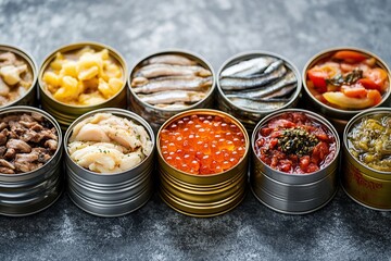 Canned food arranged in lines on a grey background, including sardines and tin cans