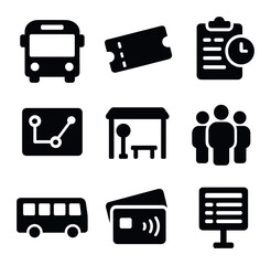 Public Transport Icons. Solid, filled icons set of public transportation essentials: bus icon, ticket icon,