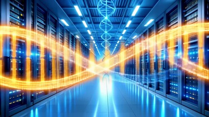 Digital representation of DNA strands floating in a high-tech server environment, symbolizing futuristic biotechnology, genetic data processing, and molecular data storage systems - Powered by Adobe