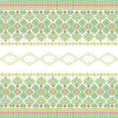Traditional Geometric Pixel art seamless Pattern inspired by vintage textile motifs in Green, Red,  and Yellow Tones