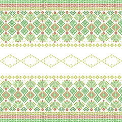 Traditional Geometric Pixel art seamless Pattern inspired by vintage textile motifs in Green, Red,  and Yellow Tones
