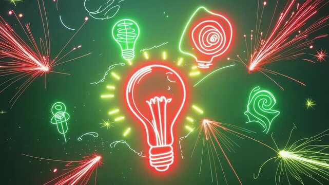 Bursting spark lines initiating lightbulbs and swirls on canvas, animating neon glow for fireworks