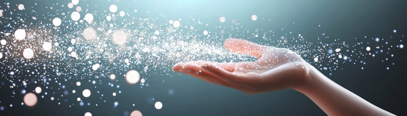 Fototapeta premium A hand gently releasing or catching sparkling, glowing particles against a dark background, symbolizing magic, creativity, or energy, virtual AI hologram
