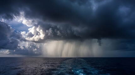 Dramatic thunderstorm clouds and heavy rainfall over dark ocean horizon