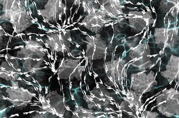 Seamless abstract pattern featuring flowing white seaweed or kelp-like shapes over a dark, textured underwater background with light reflections. Ideal for fabric prints, wallpapers, digital art