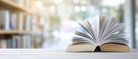 Blurred white desk background with books and stationery on a table in a modern office interior