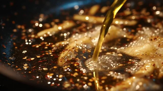 Crackling sound implied in a scene where French fries cook in deep oil with visible bubbles and aromatic black pepper flakes swirling atop