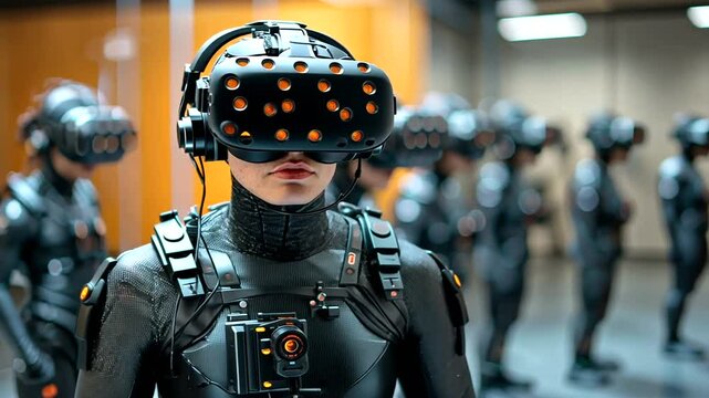 Group of individuals in futuristic VR gear, engaged in immersive technology training session indoors
