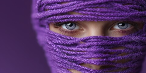 Close-up portrait of woman's face wrapped with purple yarn highlighting blue eyes on matching background. Concept of creativity, knitting, and handmade crafts promotion.