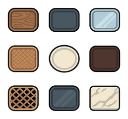 Diverse Tray Icons. Solid, filled icons set of tray materials and textures: wooden tray, metal tray, glass