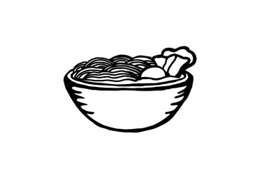 Simple, minimalist black and white line art illustration of a delicious bowl of noodles, perfect for food blogs, restaurant menus, Asian cuisine themes, or any design needing a clean, iconic represent