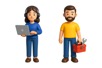 Customer service woman with headset and repairman with tools in 3D
