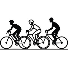 Obraz premium Biker sports illustration of people riding a tandem bicycle, a woman cyclist, and a child on a bike in a black silhouette vector