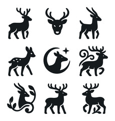 Obraz premium Forest Deer Icon Set. Solid, filled icons set of forest deer and antelope: gentle antler, deer mark, soft step