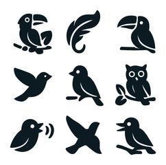Obraz premium Wild Bird Icons. Solid, filled icons set of wild birds in dense forests: tropical bird, feather swirl, bright