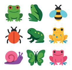 Obraz premium Colorful Frogs and Insects. Solid, filled icons set of colorful frogs and insects: bright frog, leafy hop,