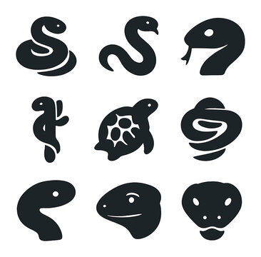 Reptile Icons Grid. Solid, filled icons set of reptiles and snakes in jungle: coiled swirl, slithery mark,