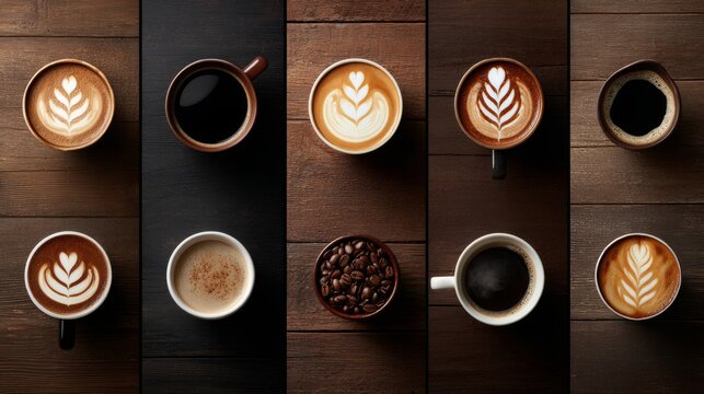 Coffee variety collage showing hot beverages and coffee beans on dark brown wooden surface.