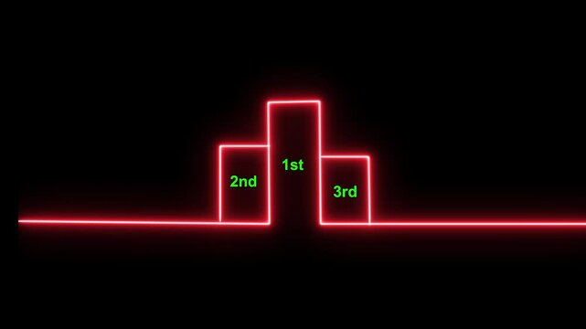 Animation of a neon  winner podium with 1st, 2nd, and 3rd place icon animation  on a black background.