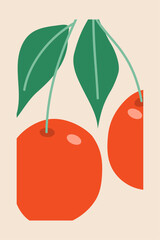 Botanical hand drawn cherry fruit with leaves on beige background. Vector illustration.
