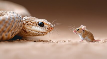 Obraz premium This captivating image illustrates a snake poised in proximity to a tiny mouse, symbolizing the predator-prey relationship prevalent in the natural world.