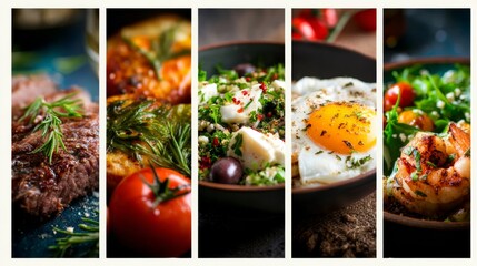 Assorted delectable food collage with steak, salmon, salad, fried egg, and shrimp.
