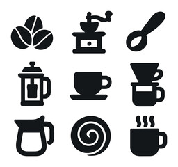 Coffee Essentials Icons. Solid, filled icons set of coffee-making essentials: coffee beans, grinder icon,