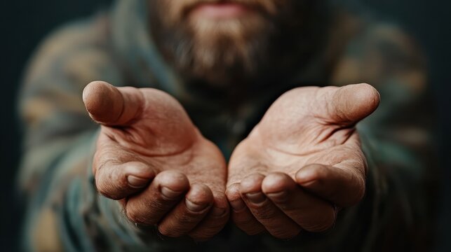 A close-up image of dirty hands reaching out in a gesture of need or craving support, capturing the deep human emotions of longing, vulnerability, and the search for help.