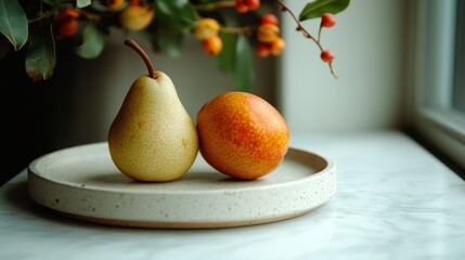This enticing image showcases a juicy pear and a vibrant apple arranged on a minimalist plate, emphasizing freshness, simplicity, and the beauty of natural produce in a modern setting.