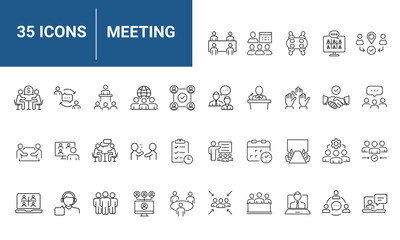 Meeting set of web icons in line style. Live webinar icons for web and mobile app. Containing conference, business meeting, classroom, team, interview, conference, work, discussion and more