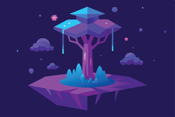A stylized, geometric tree floats on a purple island in a dark, starry sky.