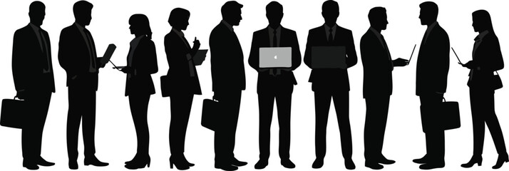 Silhouette of business people standing with laptops and briefcases in a row