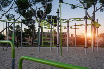 street fitness park for workout and calisthenics area, sport equipment with bars for push and pull ups, healthy lifestyle concept