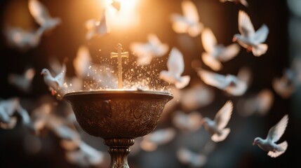 A gleaming cross surrounded by doves in a radiant glow conveys a powerful message of peace and hope, emphasizing spiritual connection and the beauty of faith and love.