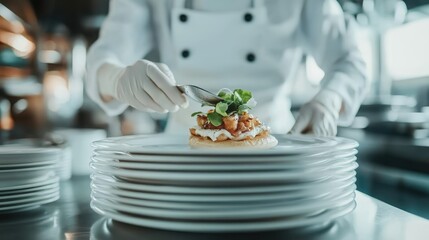 A skilled chef carefully plating a gourmet dish in a modern kitchen environment, emphasizing precision and artistry in food preparation for culinary enthusiasts.