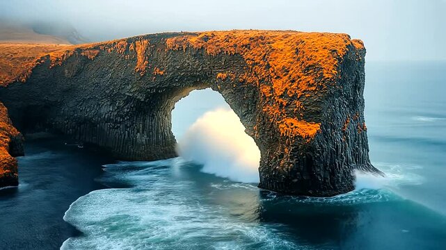 Majestic sea arch formation at dawn, surrounded by misty ocean waves and rugged cliffs