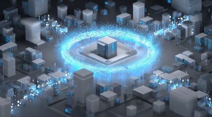 A central data cube in a digital cityscape emits a glowing blue energy ring, connecting to surrounding structures via glowing lines