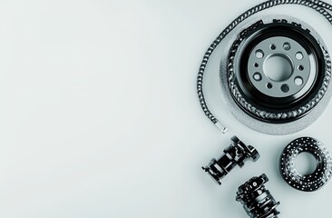 Car brake, caliper, and braided shock absorber on a white background with copy space for text
