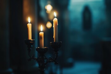 Candles in an Orthodox church, a cinematic shot, vintage style, minimalism, blurred background