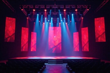 Central stage with multiple truss systems, complex lighting grid, theater, grid