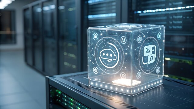 AI chatbot visualized as floating translucent cube with spinning digital data symbols