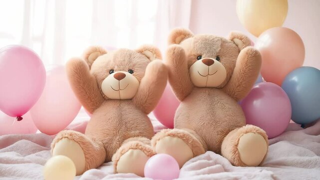 Giant teddy bear sitting on a soft blanket surrounded by pastel balloons	