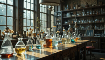 Vintage laboratory with numerous glass beakers and bottles on a wooden table, bathed in sunlight.