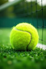 Close-up of tennis ball on lush grass, net and stadium bokeh, sports, game