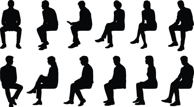 Collection of silhouette people sitting in various poses on a white background