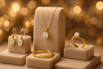 Exquisite Gold Jewelry Collection on Elegant Display Stands