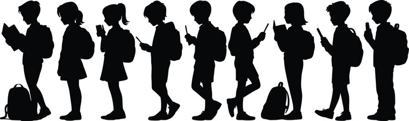 Silhouette of students with backpacks using phones and reading a book in line