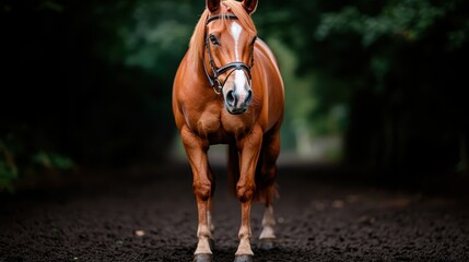 A stunning chestnut horse stands proud on a mystical forest path, evoking a sense of strength and tranquility, embodying the spirit of nature and the equestrian bond.